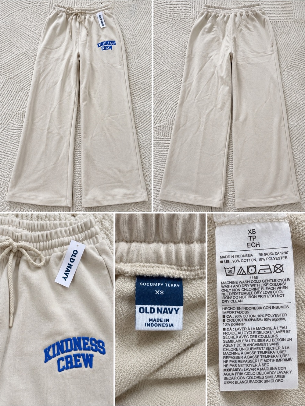 Old Navy Cream Wide-Leg Sweatpants with Blue "Kindness Crew" Graphic